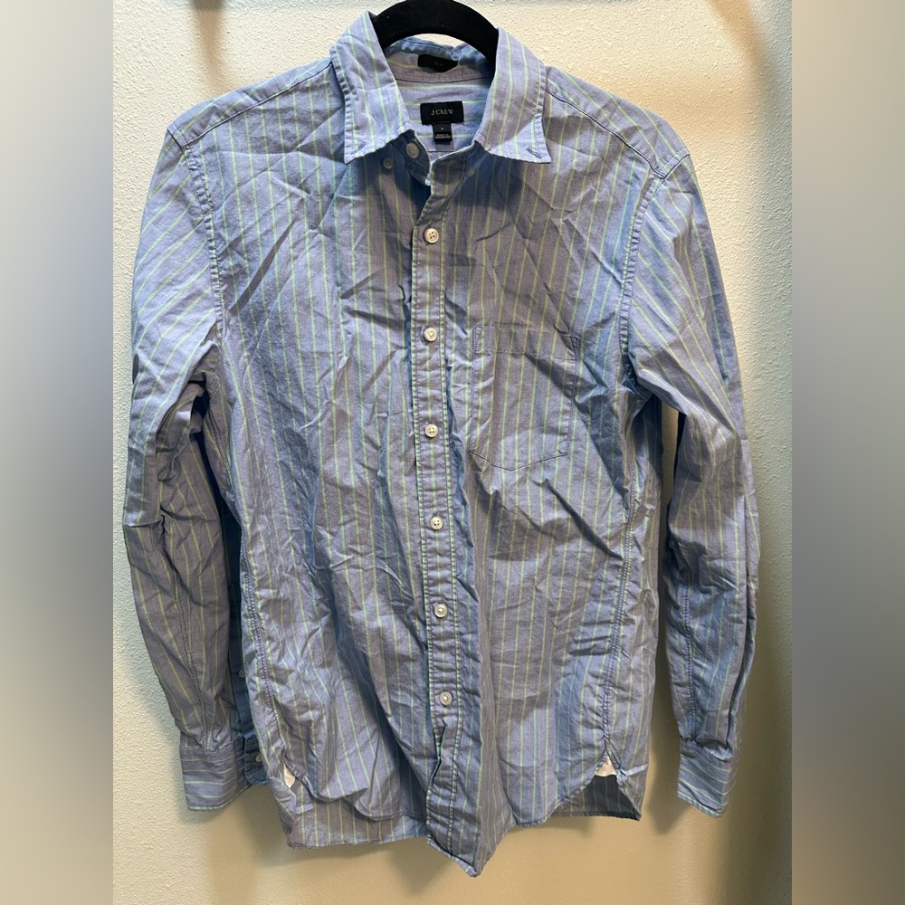 J Crew long sleeve button down - blue, green, and white striped. Size S Slim fit